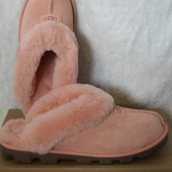 UGG COQUETTE PEACH PINK SUEDE SHEARLING SLIPPERS - Picture 2 of 7